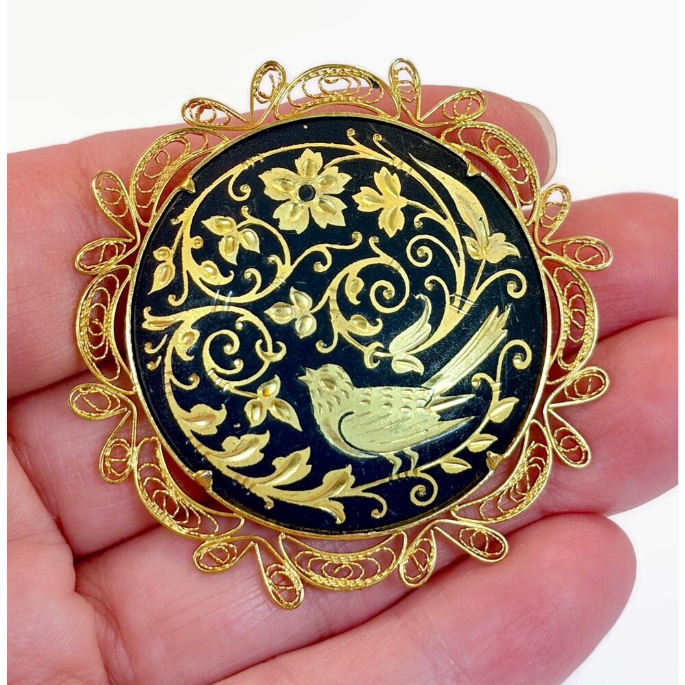 Bird Brooch, Damascene, Gold, Black, Flowers, Vintage, Flowers